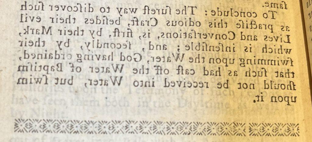 section from a book that reads “To conclude: the surest way to discover such as practice this odious Craft, 除了他们邪恶的生活和谈话, is, 第一个, 按他们的标记, which is insensible; 和, 其次, 他们在水面上游泳, 上帝命定, 凡弃了洗礼之水的人，必不被接进水里, 但在它上面游泳.”